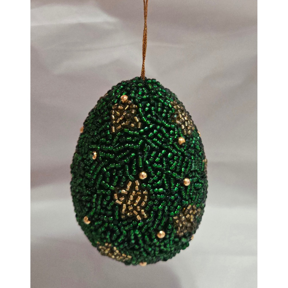 Vintage Silvestri Green & Gold Beaded Egg Ornament Holiday Christmas Decoration